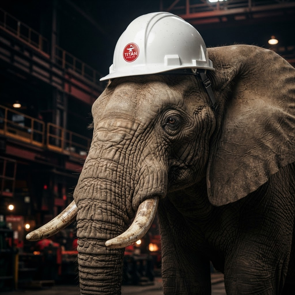 Elefante de Fortacero con casco de seguridad